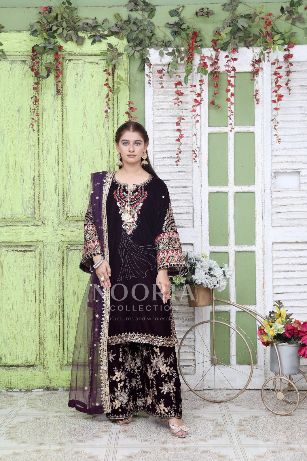 Black Velvet Pink Embroidered 3 Piece Stitched Suit
