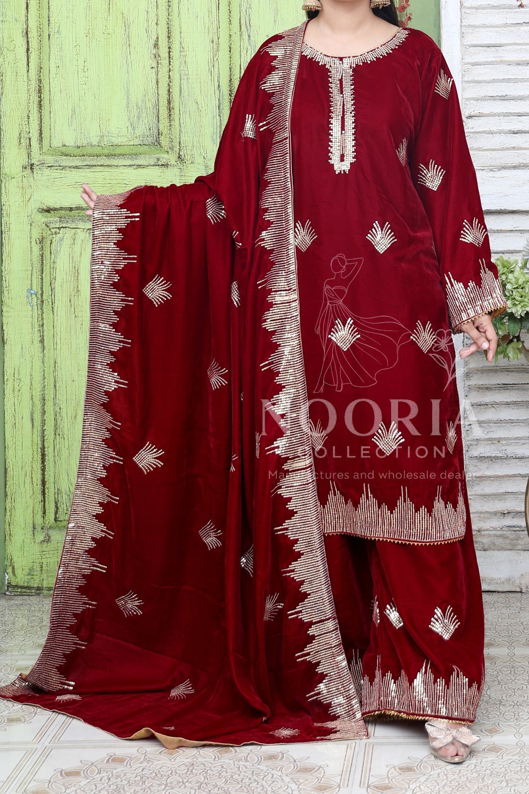 Maroon Velvet Embroidered 3 Piece Stitched Suit with Dupatta