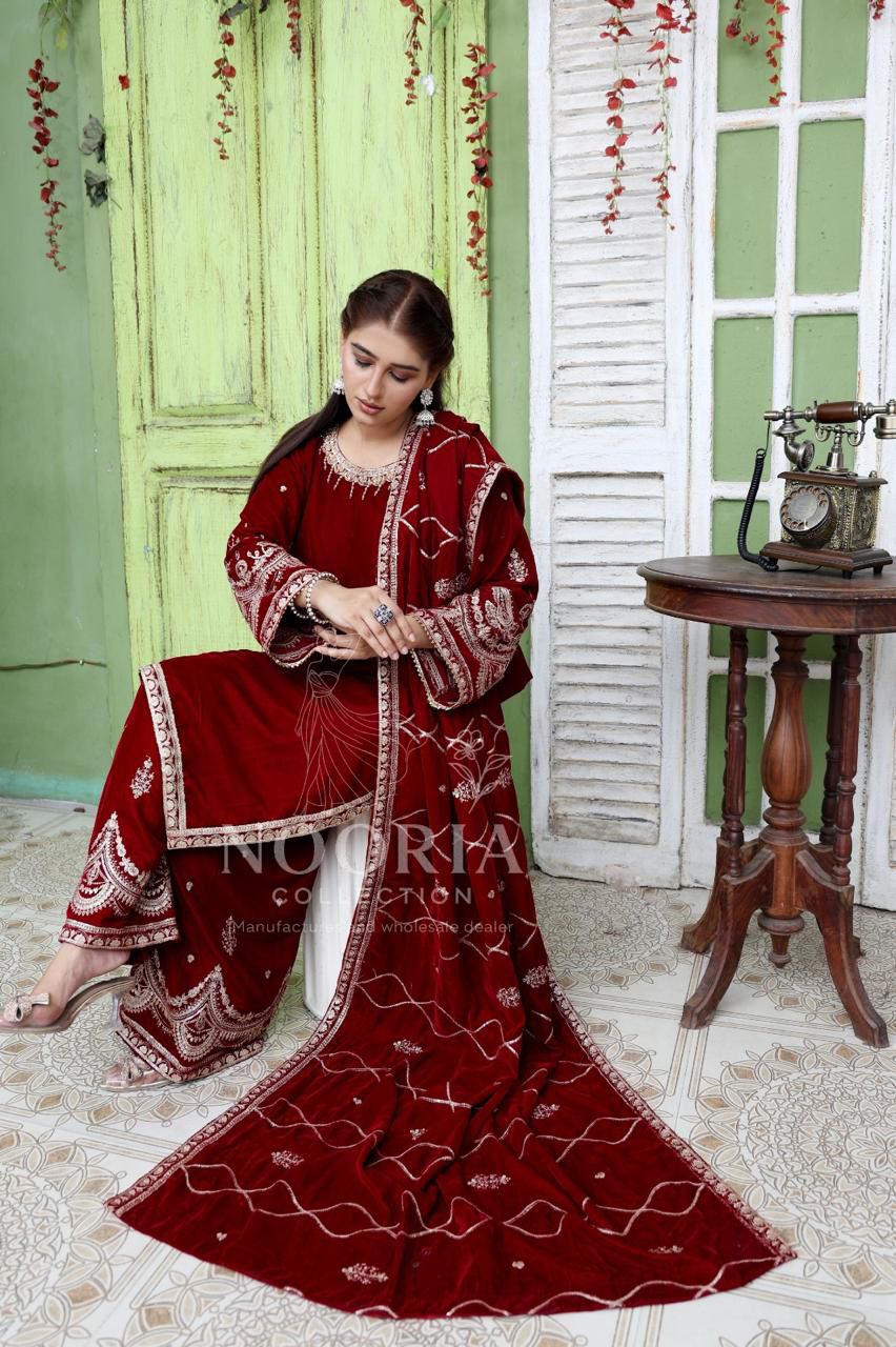 Deep Maroon Velvet 3-Piece Suit — Classic Embroidered Formal Set
