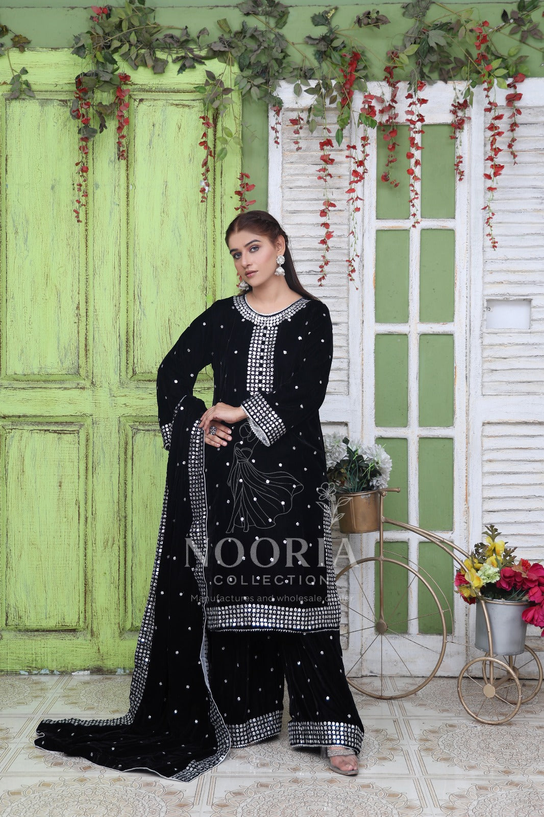 Black Embroidered Velvet 3-Piece Suit — Elegant Mirror & Bead Work