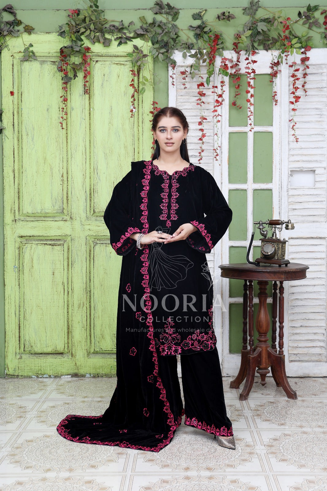 Black Embroidered Velvet 3-Piece Ladies Suit